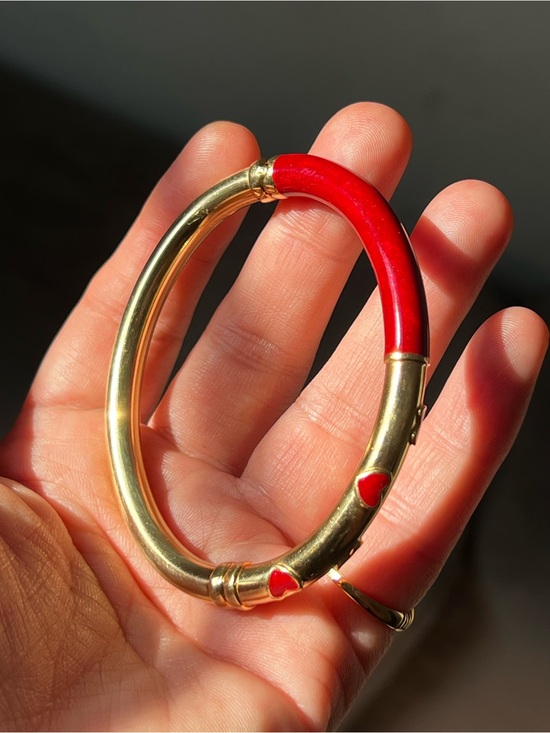 Jewelry - 14k Gold and Red Heart Bangle Bracelet - Women's Jewelry